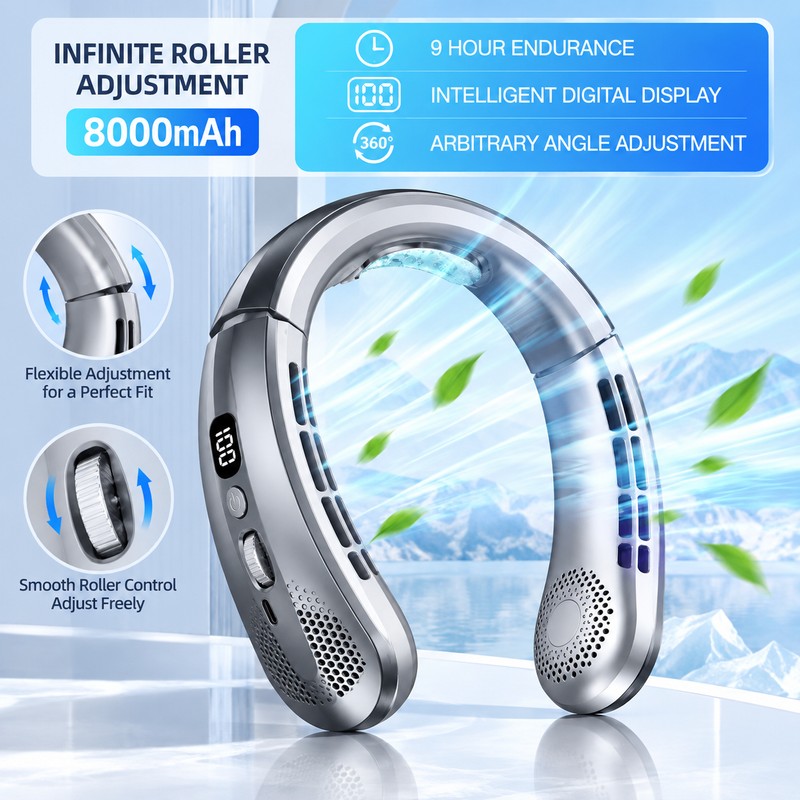 Wearable Neck Fan for Hands-Free Cooling – 8000mAh Rechargeable Design