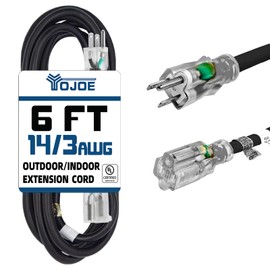 YOJOE Indoor Outdoor Extension Cord with Lighted End, 3 Prong 15A Weatherproof Power Cord, 14 Gauge Heavy Duty 6 ft Black Extension Cord for Garage, Garden and Home, 14/3 SJTW UL Listed