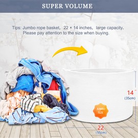 BOSROTY Extra Large Cotton Rope Basket For Girls Boys Kids 87L, Nursery Hamper, Large Laundry Basket, Nursery Bin, Woven Basket Organizer For Storage Toys Blankets Shoes Clothes, 22”x 14”, White