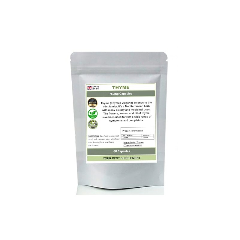 Thyme Capsules 750mg Thymus vulgaris 100% Natural (No fillers) (60)