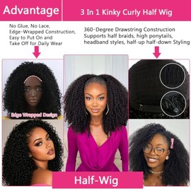 Peluca de media longitud rizada Kinky Curly con densidad del 200%, sin pegamento, de 20 pulgadas, 3 en 1, para mujer, sintética, con cordón ajustable,
