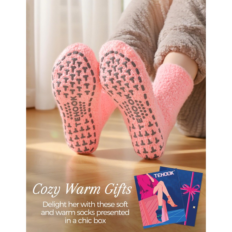 TEHOOK Non-Slip Fuzzy Socks for Women, Soft Cozy Warm Winter