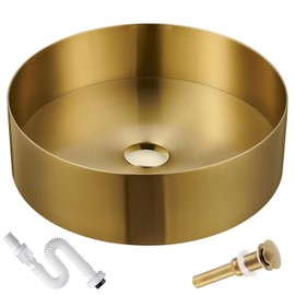 14.8" Round Bathroom Vessel Sink, Stainless Steel Vessel Sink with Pop-Up Drain Stopper, PVD Coating Countertop Sink Vanity for Bathroom & Hotel, Gold