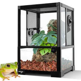 WACOOL TERRA Vertical Habitat Tank 10 Gallon for Tree Dwelling Reptiles and Amphibians, 360°Full Vision Glass Reptile Terrarium 12" x 12" x 18" with Double Side Mesh Panels