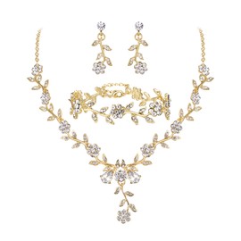 BriLove Women's Wedding Jewellery Set Leaf Cluster Flower Crystal Dangle Earrings Pendant Necklace Link Bracelet for Bridal Bride Clear Gold-Tone