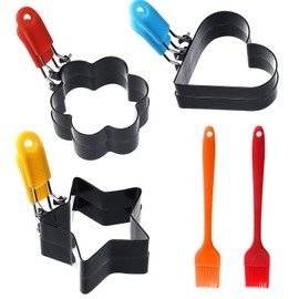 6 Pack Nonstick Egg Rings for Frying Eggs, 3 Shapes Fried Egg Cooker Ring Pancake Mold Omelet Ring with Oil Brush Egg Mold for Camping Indoor Breakfast Sandwich Burger (Star+Heart+Flower)