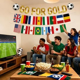 G2PLUS 2026 Football Garland for World Cup: Pre-Threaded GO for Gold Garland Banner with 2 Flag Chains, Country Flags Party Decoration for World Cup, European Championship, Public Viewing, Football