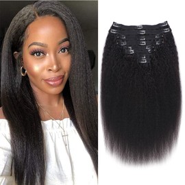 Mihugass Kinky Straight Clip in Hair Extensions Human Hair Yaki Straight Clip ins Full Head 16 Inch Unprocessed Brazilian Remy Human Hair for Black Women 8pcs with 18 Clips 120 Gram Per Set