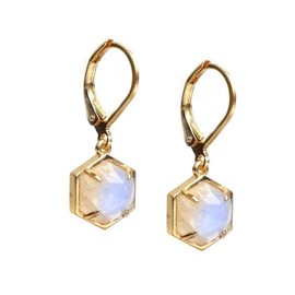 Gempires Natural Rainbow Moonstone Bezel Leverback Hoop Earrings Crystal Dangle Drop Earrings For Women June Birthstone Jewelry For Women