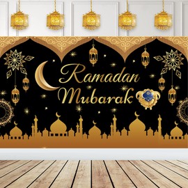 XINDY Large Ramadan Mubarak Banner, Ramadan Banner Black & Gold Fabric Ramadan Mubarak Backdrop Banner, Ramadan Decorations for Home, Muslim Islamic Party Decoration Ramadan Kareem Party Supplies