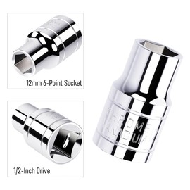 FOCMKEAS 12mm Shallow Socket, 1/2 Inch Drive, 6-Point, Metric, Heat Treated CR-V Steel Short Sockets, Full Polishing, 1.5 Inch Length
