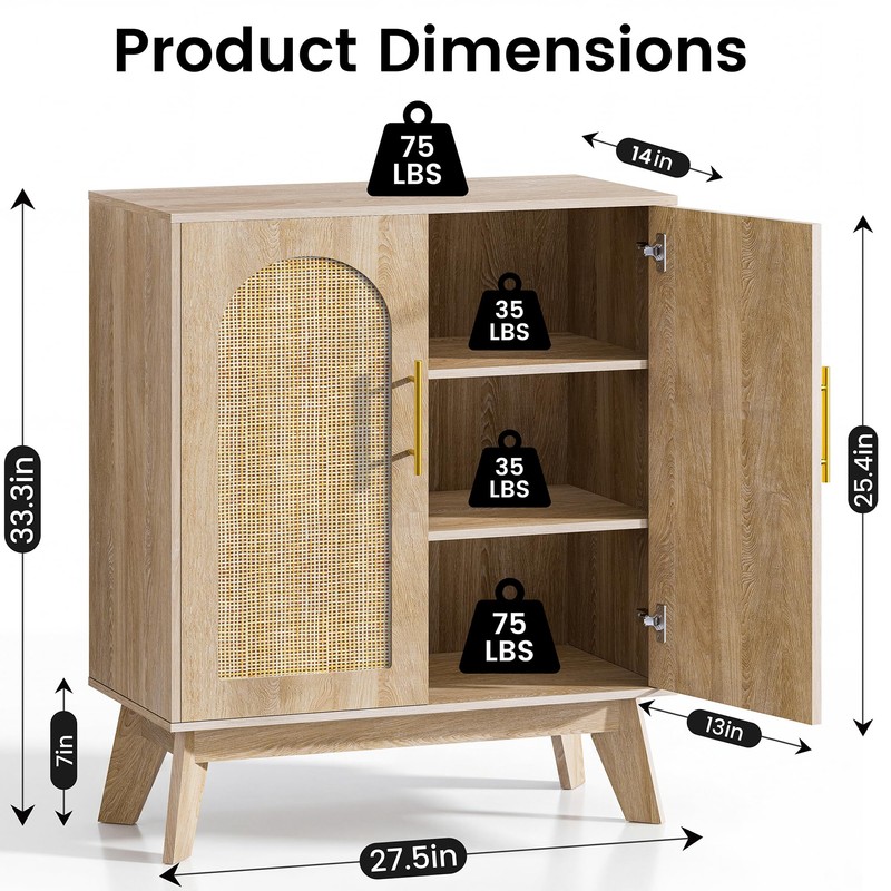 Sideboard Buffet Cabinet with Storage, Rattan Storage Cabinet with Arched