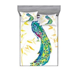 Ambesonne Peacock Fitted Sheet & Pillow Sham Set, Digital Watercolor Paint Creature Female Animal Large Tail Eyespots Image, Decorative Printed 3 Piece Bedding Decor Set, Full, Orange Teal Yellow