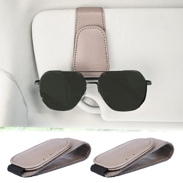 Amooca Magnetic Leather Sunglasses Holder for Car SUV Sun Visor Eyeglass Hanger Clip Automotive Interrior Eyeglasses Storage Mount Grey Brown 2 Pack