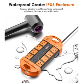 CCCEI Outdoor Power Strip Weatherproof with 8 Plug, Waterproof Extension Cord with Multiple Outlets, Christmas Exterior Garden Yard Surge Protector 15FT, Orange.