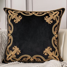 Aeckself Floral Pillow Cover 18x18 Inch, Velvet Embroidered Decorative Farmhouse Accent Throw Pillow Cover for Couch Bedroom Living Room, Black and Gold
