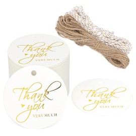 G2PLUS 5CM Thank You Gift Tags, 100 PCS Round White Paper Labels with Gold Thank You, 300g/m² Thank You Tags with String for Wedding Birthday Gift Favors Wrapping