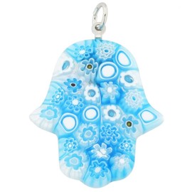 GlassOfVenice Murano Glass Millefiori Hamsa Pendant - Aqua Blue