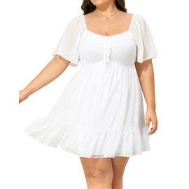 Talisea Plus Size Women's White Graduation Dress Smocked Short Summer Sundress Short Sleeve Sweetheart Chiffon Dresses