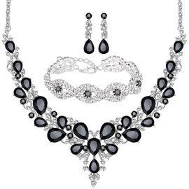 3 Pack Rhinestone Crystal Necklace Link Bracelet Teardrop Dangle Earrings Jewelry Sets for Women