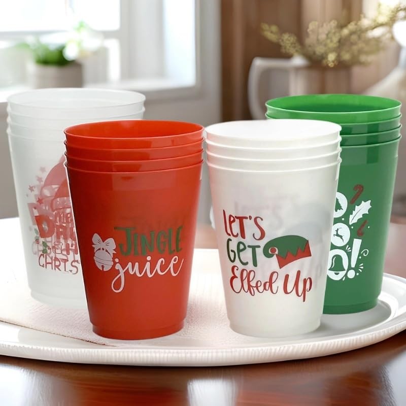 Cosiesnest 12Pcs Reusable Christmas Plastic Cups 450ML Red Party Cup