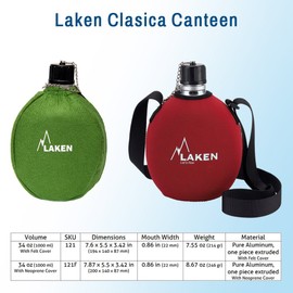 LAKEN Clasica 1 Litre Water Canteen, Aluminium Camping Bottle with Felt Bag, Narrow Mouth, Leak-Proof, BPA-Free, Green