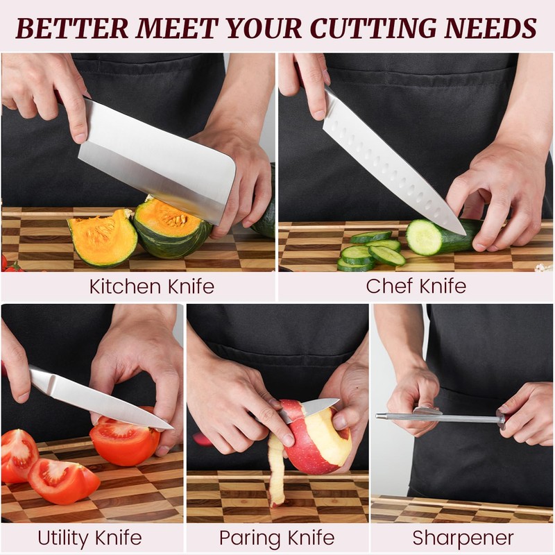Knife Block Set,8-piece Kitchen Knife Set with Rotatable Storage Stand,