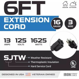Iron Forge Tools 2 Pack of 6 Ft Outdoor Extension Cords-16/3 Heavy Duty Black Extension Cord Pack