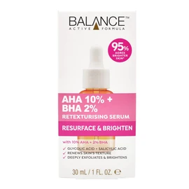 Balance Active Formula Resurface & Brighten AHA 10% + BHA 2% Retexturising Serum (30ml) - With Glycolic Acid & Salicylic Acid. Renews Skin's Texture. Deeply Exfoliates & Brightens, Clear