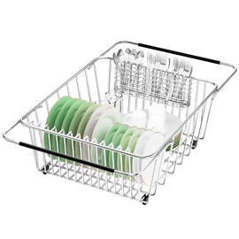 SwetLao Large Sink Dish Drying Rack, Expandable 304 Stainless Steel Metal Dish Drainer Rack Organizer Shelves with Stainless Steel Utensil Holder Over Inside Sink, Rustproof