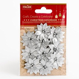 3.5cm Small Metallic Silver Poinsettia Christmas Flower Card Making Craft Decorations (Pack of 10)