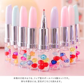 moin moin 2304bpen5 Ballpoint Pen Lipstick Stone Beads Gemstone Colorful Flowing Pen Color Black | 3 Types x 2 Pieces 6 Pieces Set (Blue | Light Pink | Purple)