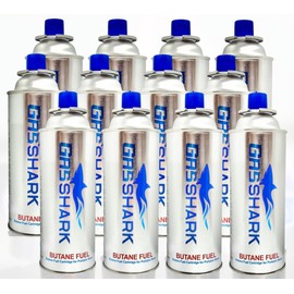 Gas Shark Butane Fuel Gas Canisters | 12 Pack | 8 oz Premium Butane Gas with Triple-Seamed CRV Explosion-Proof Design | UL Listed | Ideal for Portable Stoves, Torches, Camping, & Outdoor Cooking