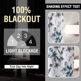 H.VERSAILTEX 100% Blackout Curtains 63 inch Length 2 Panels Set Cattleya Floral Printed Drapes Leah Floral Thermal Curtains for Bedroom with Black Liner Sound Proof Curtains, Grey and Teal