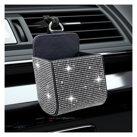 DUSCOKE Bling Car Air Vent Storage Organizer, Car Vent Storage Pouch Box Leather Pocket with Hook for Women, Sparkly Rhinestone Auto Dashboard Cell Phone Holder for Sunglasses, Key, Coin (White)