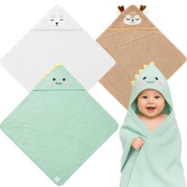 kaiyaya Pack of 3 Baby Hooded Towels, 80 x 80 cm, Hooded Towel, Baby, Coral Fleece, Baby Towel with Hood, Soft & Super Absorbent, Cute Baby Bath Towel for Toddlers, Newborns