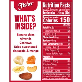 Fisher Snack Tropical Trail Mix, 3.5 oz (Pack of 6), Dried Banana Chips, Almonds, Cashews, Sweetened Pineapple and Mango, Snacks for Adults and Kids, Dried Fruit Snacks
