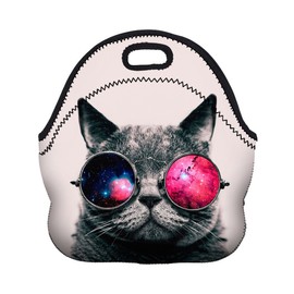 Insulated Neoprene Lunch Bag for Women,Men and Kids, Reusable Soft Lunch Tote for Work School (Cat with Glasses)