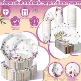 Newtay 250 Pcs Wildflower Disposable Plates and Napkins Floral Paper Tableware Set for 50 Guests Paper Plates Napkins Cups for Baby Shower Wedding Birthday Party Supplies