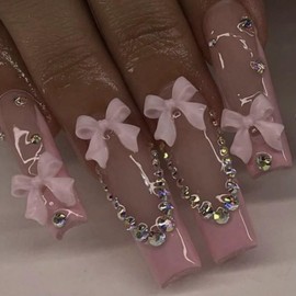 RIICFDD Cute Press on Nails Long Coffin Fake Nails Cute False Nails Pink French Tip Glue on Nails Rhinestone Bow Nail Charms Full Cover Glossy Acrylic Nails for Women Artificial Nails 24 Pcs