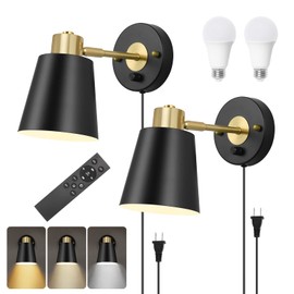 VATONI Wall Sconce Plug in, Remote Control Dimmable Wall Sconces and Adjustable Color Temperature 2700K-6000K Wall Lights with Plug in Cord, Wall Mounted Light for Bedroom Bedside(2 Pack, 2 Bulbs)