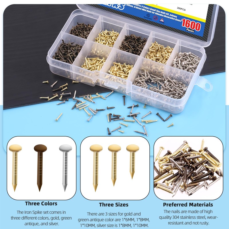 Glarks 1600Pcs Small Tiny Nails Kit Wood Screw Nail Gold