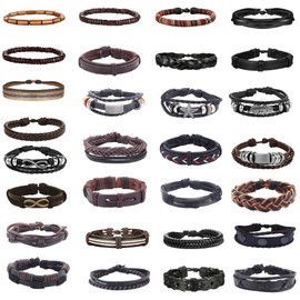 KALVICA 29PCS Braided Leather Bracelets for Men Women Adjustable Vintage Rope Wrap Wristbands Bracelet Set Men Ethnic Tribal Bracelets Black Brown