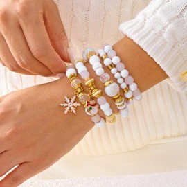 Gmai Christmas Bracelets for Women 2 Pack Set Red Green White Beaded Stretch Bracelet with Christmas tree Santa Claus Snowflake snowman Holiday Party Jewelry Gifts Stocking Stuffers (White color mixed color 2pcs set)