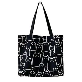 Komociya Cute Cat Canvas Tote Bag Aesthetic with Zipper Reusable Grocery Shopping Bag for Women, Blackc, Large