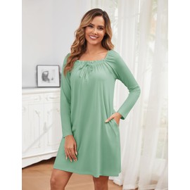 Namatime Cotton Nightgowns for Women Soft Long Sleeve House Dress Cute Ruffle Nightshirt Sleep Shirts Sleepwear with Pockets 2025 Fall Winter Night Gown Green X-Large
