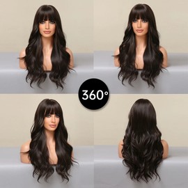 MISSWEN Dark Brown Wigs With Bangs Heat Resistant Hair Body Wavy Cosplay Wig Layered