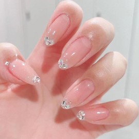 DANMANR Rhinestones Fake Nails Shiny Pink Press on Nails Full Cover Acrylic Medium Almond Flase Nails for Women and Girls 24PCS