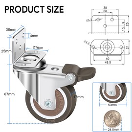 4 L-shaped castors for furniture, 50 mm swivel castors with brake, 30 screws, 360° rotatable furniture castors, transport castors heavy duty castors (2 swivel castors, 2 brake castors) for cribs, furniture, flower stand