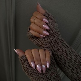 Light Pink Chrome Press on Nails Medium Almond, KQueenest Iridescent Stiletto Fake Acrylic Nails With Mirror Effect, Pearlescent Glue on Nails False Nails Press ons for Daily Wear